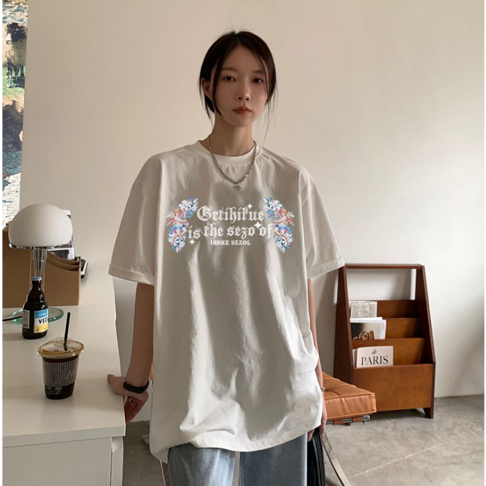 XIAOZHAINV Kaos Atasan Oversize Wanita Flower Pattern Lengan Pendek A0751