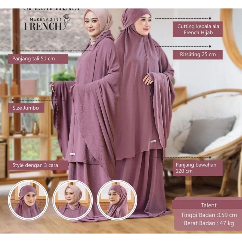 mukena French Khimar crinckle 3in1