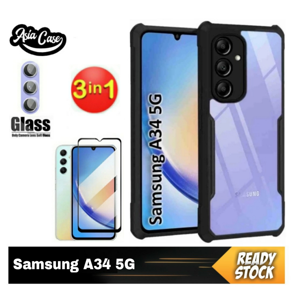Paket 3 IN 1 Case Samsung A34 5G Free Tempered Glass Full Layar Dan Pelindung Camera