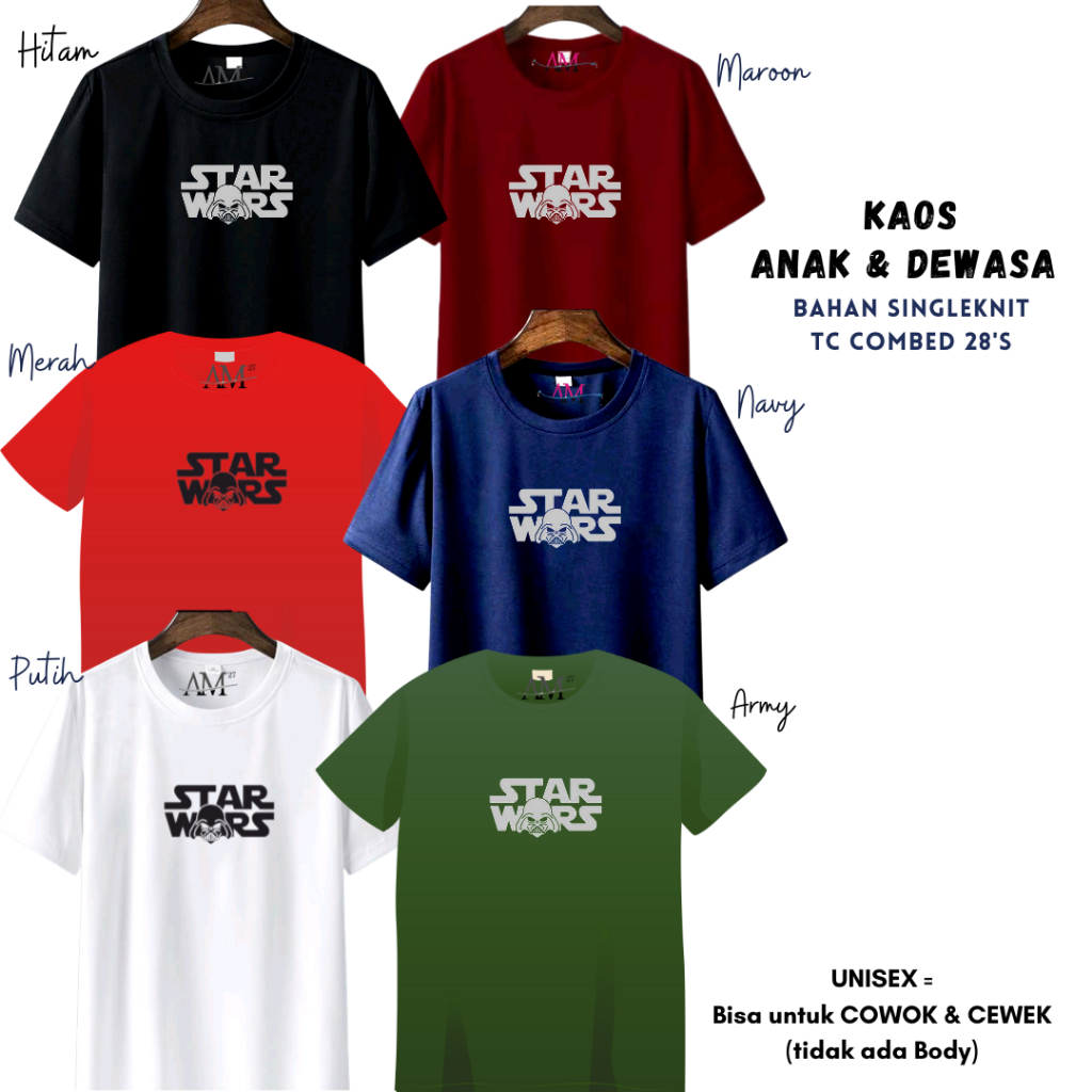 Baju Kaos Anak Cowok 3 tahun - Pria Dewasa ukuran S-7XL-XXXL Dewasa Star WAR 12warna