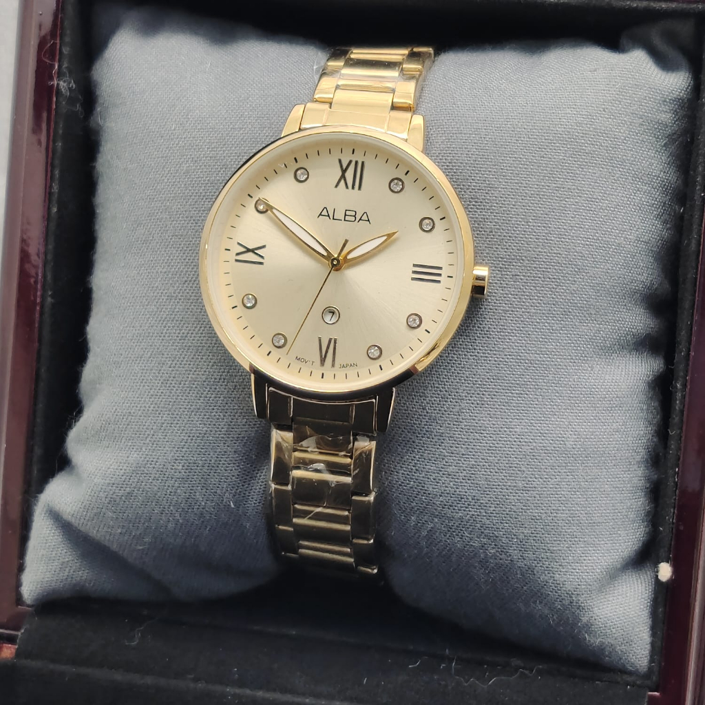 Jam Tangan Wanita Alba AA69488 Tali Rantai Permata Kecil Body Bulat Tanggal Aktif