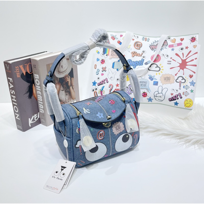 Tas Wanita Import Eye Theme Breetya Denim Accent Printed Bucket Bag SF 2271#