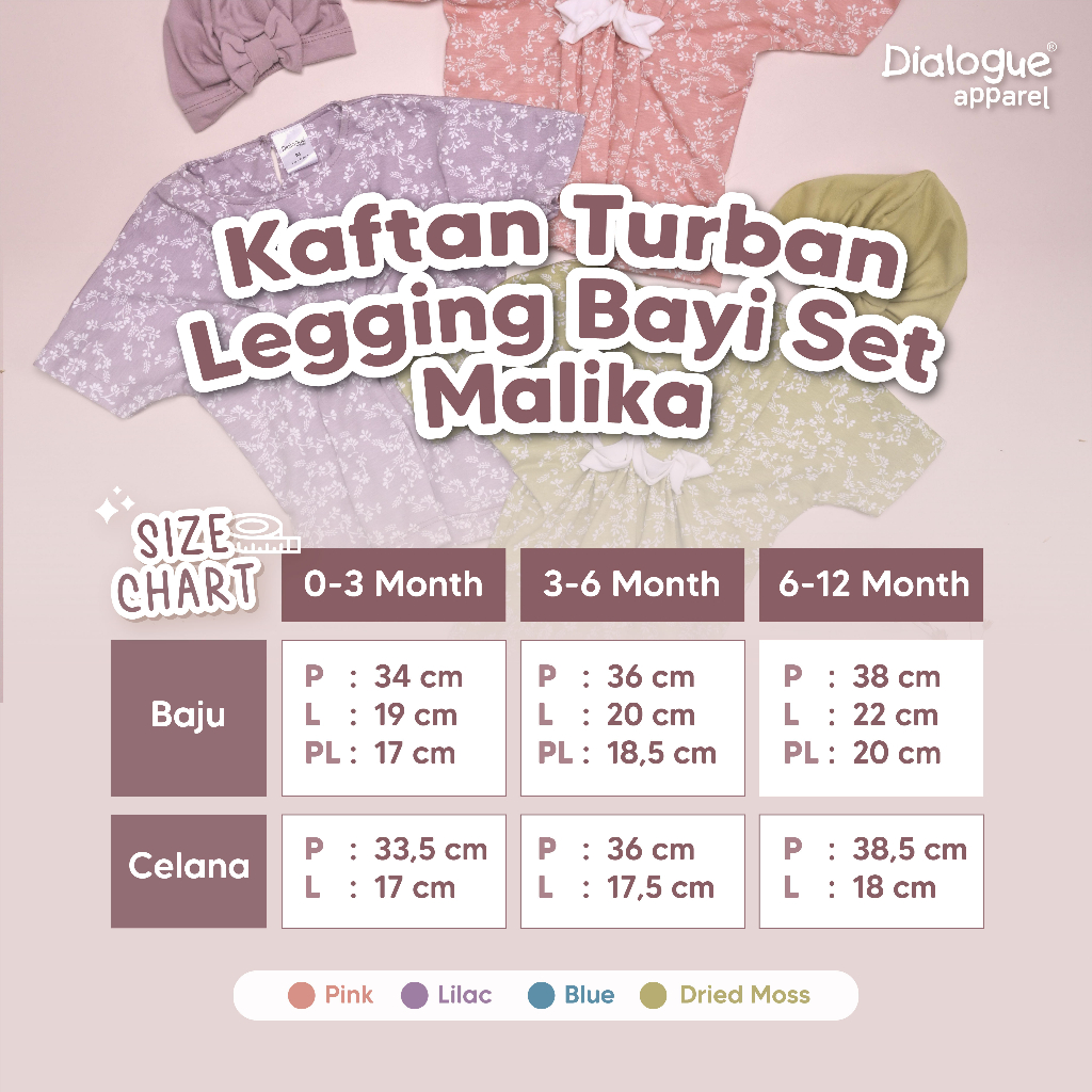 Baju Muslim Anak perempuan Kaftan Turban Legging Set Malika Dialogue Baby 0 6 12 Bulan