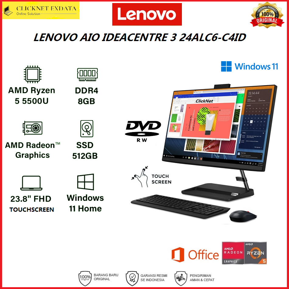 LENOVO AIO IDEACENTRE 3 24ALC6 C4ID - Ryzen 5-5500U 8GB 512GB SSD WIN11 OHS Touch Screen