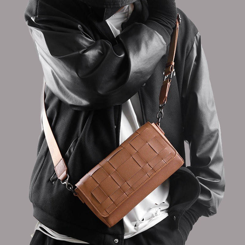 [Max-Mor] M073 Tas Selempang Pria Kulit Tas Jalan Pria Anyaman Brown