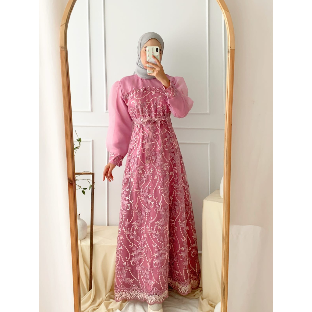 MAXY MERLIN BROCADE FASHION PAKAIAN WANITA DRESS GAMIS MAXI MS BAHAN BROKAT TILE MUTIARA