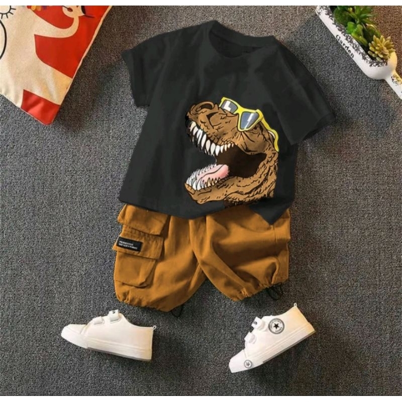 Promo setelan anak laki laki motif T-Rex usia 1-5 tahun/baju anak/setelan anak/pakaian anak