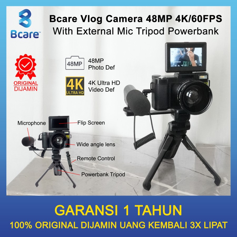 Bcare Vlog Camera 48MP 4K/60FPS Tripod Powerbank With External Mic