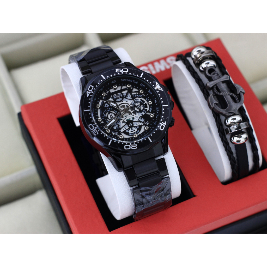 Jam Tangan Fashion Pria Rantai tanggal Aktif Free Gelang Jangkar Kulit R11990
