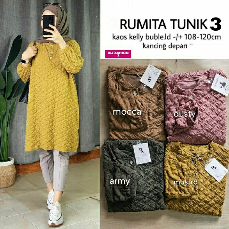 Rumita Tunik #3, TUNIK LEBARAN CANTIK MODIS FIT XXXL LD 108-130 BAHAN KAOS KELLY BUBLE IMPORT KANCING BUSUI TERMURAH TERLARIS OOTD KEKINIAN