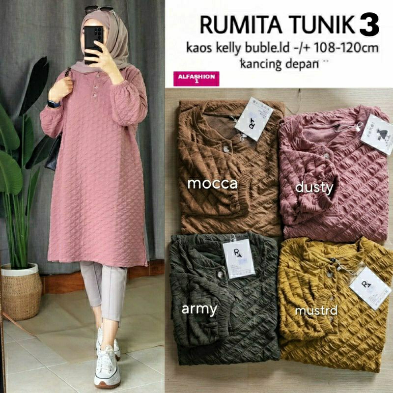 Rumita Tunik #3, TUNIK LEBARAN CANTIK MODIS FIT XXXL LD 108-130 BAHAN KAOS KELLY BUBLE IMPORT KANCING BUSUI TERMURAH TERLARIS OOTD KEKINIAN