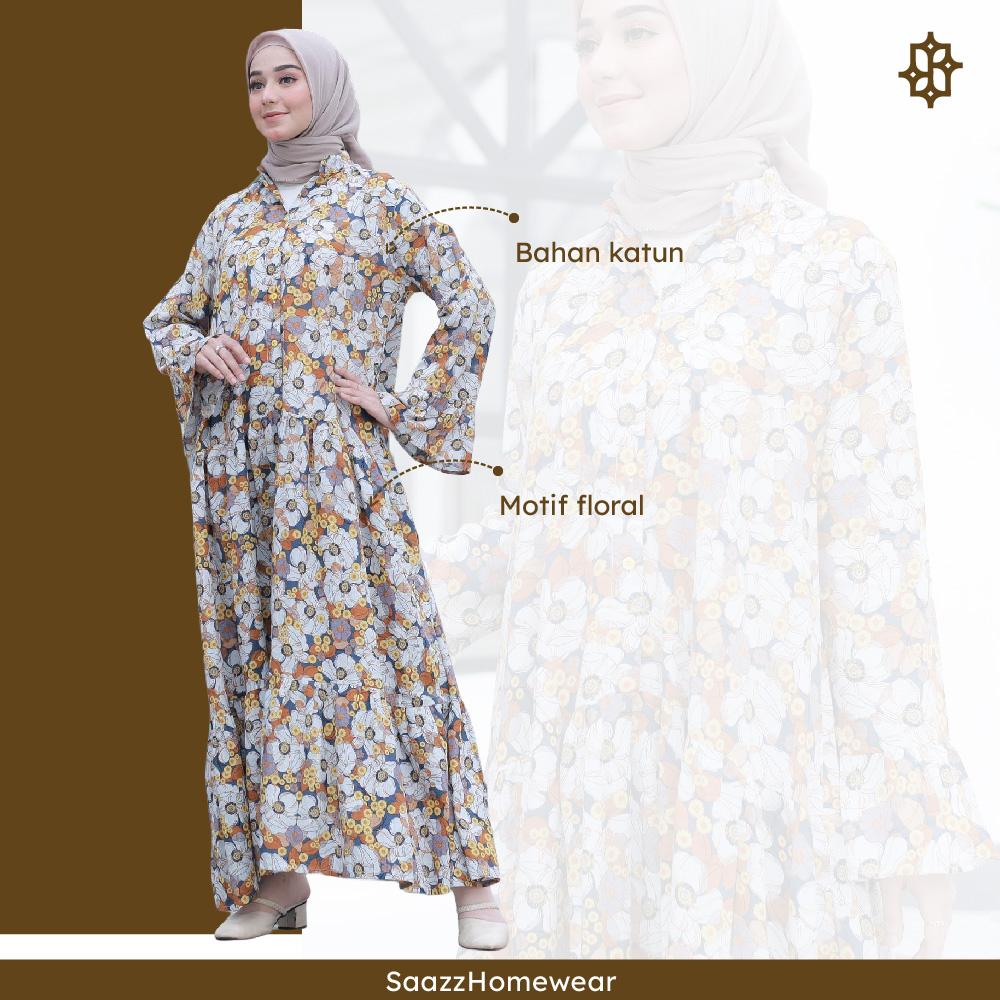 SAAZZ Nirty Blue Ruffle Gamis Bunga Bunga Baju Muslim Wanita Kekinian Terbaru Terlaris-1