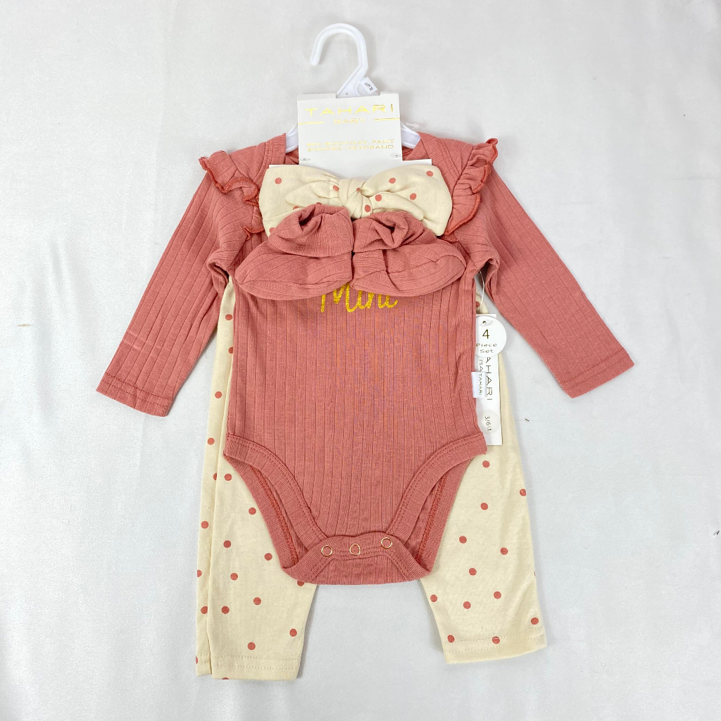 JUMPER SET 4in1 0-9 bulan import / baju bayi cantik setelan bando perempuan babygirl ala korea