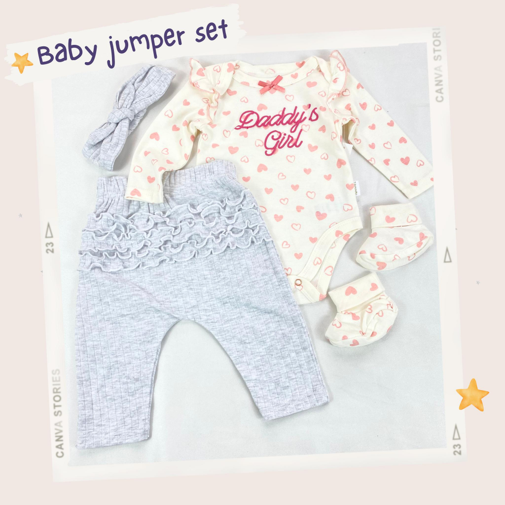 JUMPER SET 4in1 0-9 bulan import / baju bayi cantik setelan bando perempuan babygirl ala korea