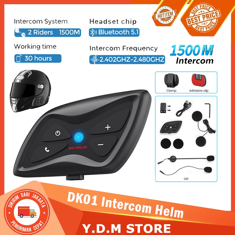 DK01 Bluetooth Motor Helm Intercom Headset IP65 Waterproof 1500m Range 2-Orang BT5.1 Sistem Komunikasi Nirkabel