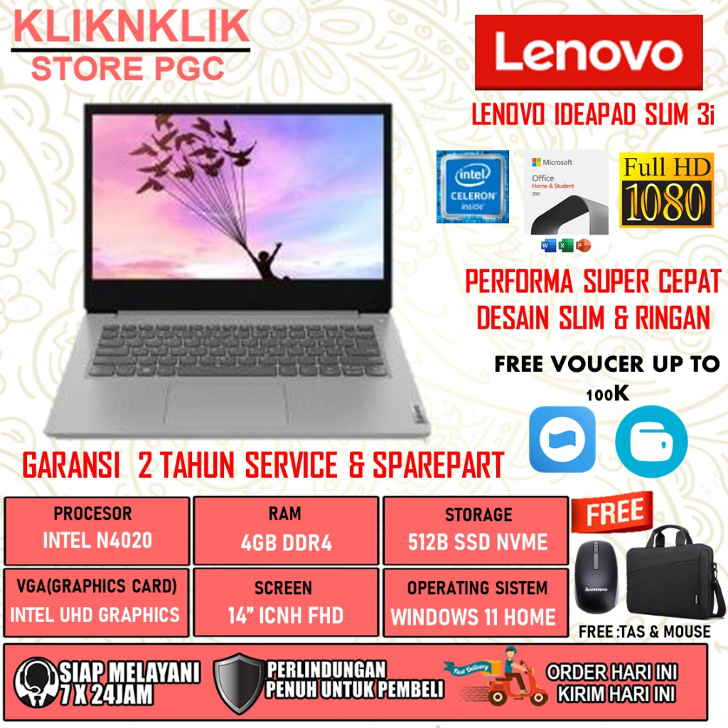 LAPTOP PELAJAR LENOVO IDEAPAD SLIM 3i INTEL N4020 RAM 4GB 512GB SSD FHD WINDOWS 11 OHS BLACK