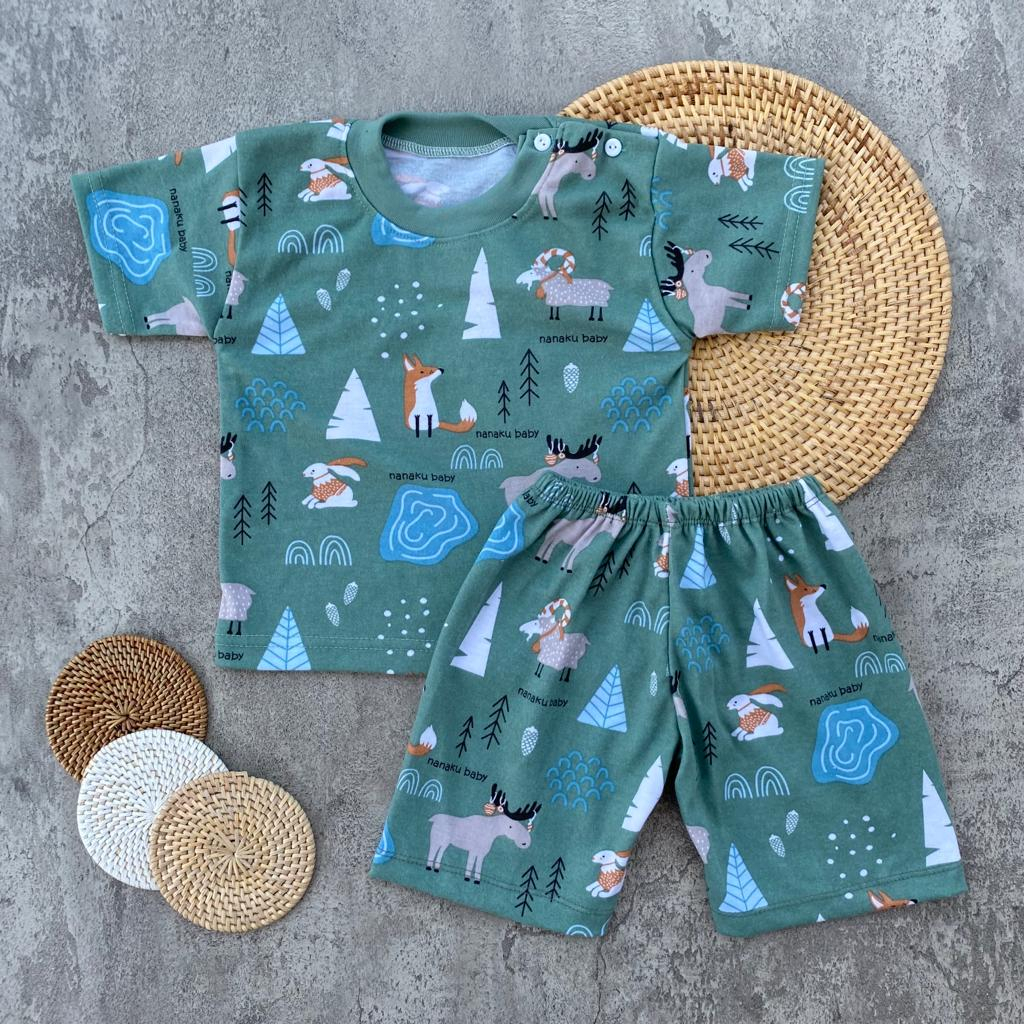 Setelan Baju Bayi Piyama Bayi Lengan Pendek Kancing Pundak Motif Rubah Usia 3-12 Bulan Almeera Baby and Kids