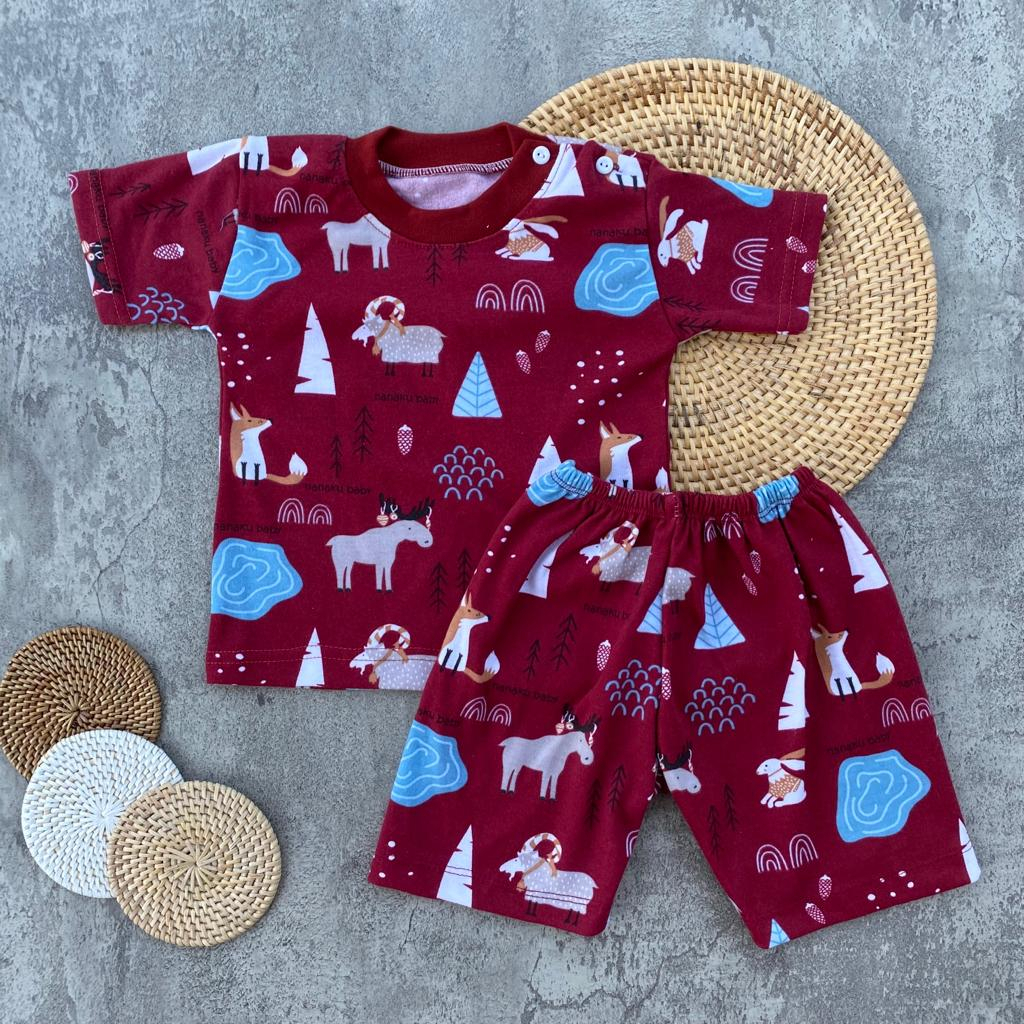 Setelan Baju Bayi Piyama Bayi Lengan Pendek Kancing Pundak Motif Rubah Usia 3-12 Bulan Anababy