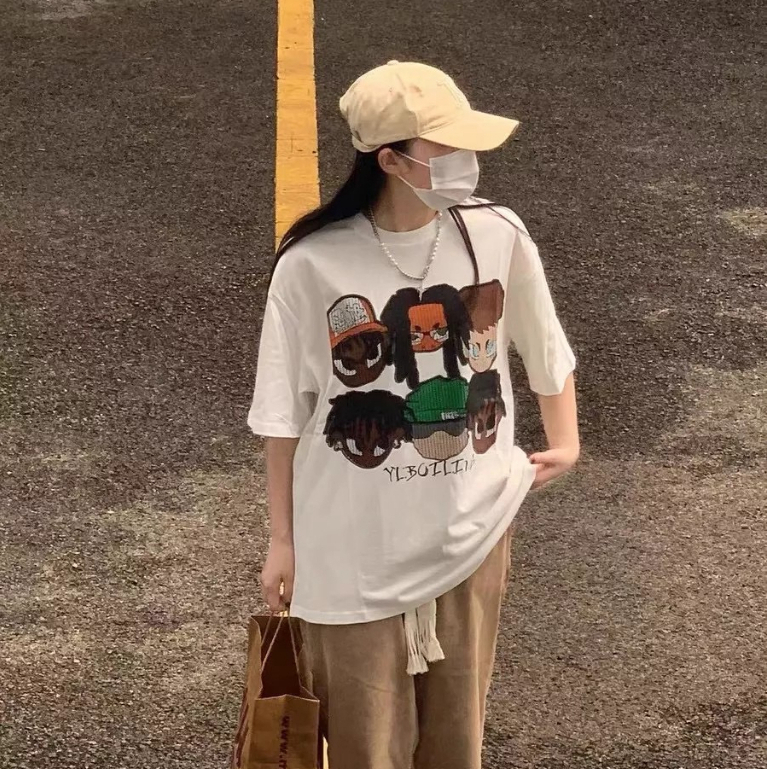 kaos oversize wanita import rap hiphop lengan pendek cartoon motif printed kaos cream