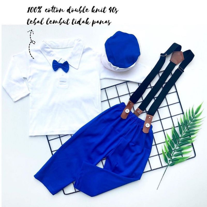 [6-18M] 5in1 Baju setelan koko celana dasi pergi jalan lucu bestseller fashion anak bayi cowok murah / setelan koko tuxedo 5in1 set koko baby boy lucu / hampers baby cowok murah / setelan koko bayi suspender peci dasi celana