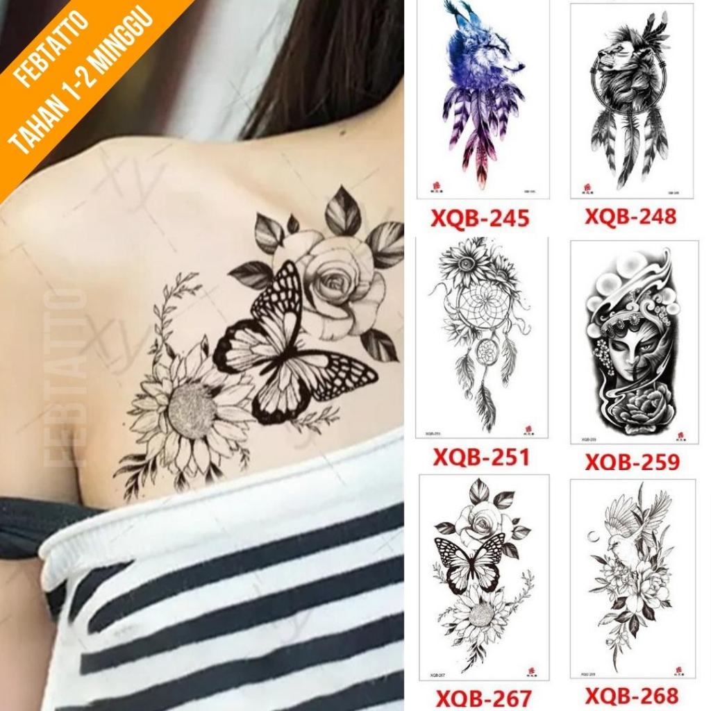 Tato Temporer Ukuran 21cmx11cm Tato Lengan Tato Dada Tato tangan Tato Kaki Tato Punggung Tato Jari  Motif Aesthetic Tatto Temporary Stiker Tato Halal Grosir Tato air motif serigala, singa, dream catcher, bunga, burung, perempuan, kupu kupu XQB 267