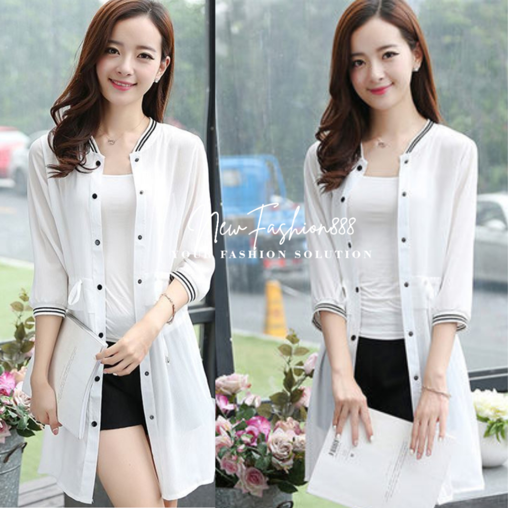 IB0027 PAPADI Cardigan Wanita Korean Style Kemeja Panjang Lengan Panjang Model Korea Caridigan Putih