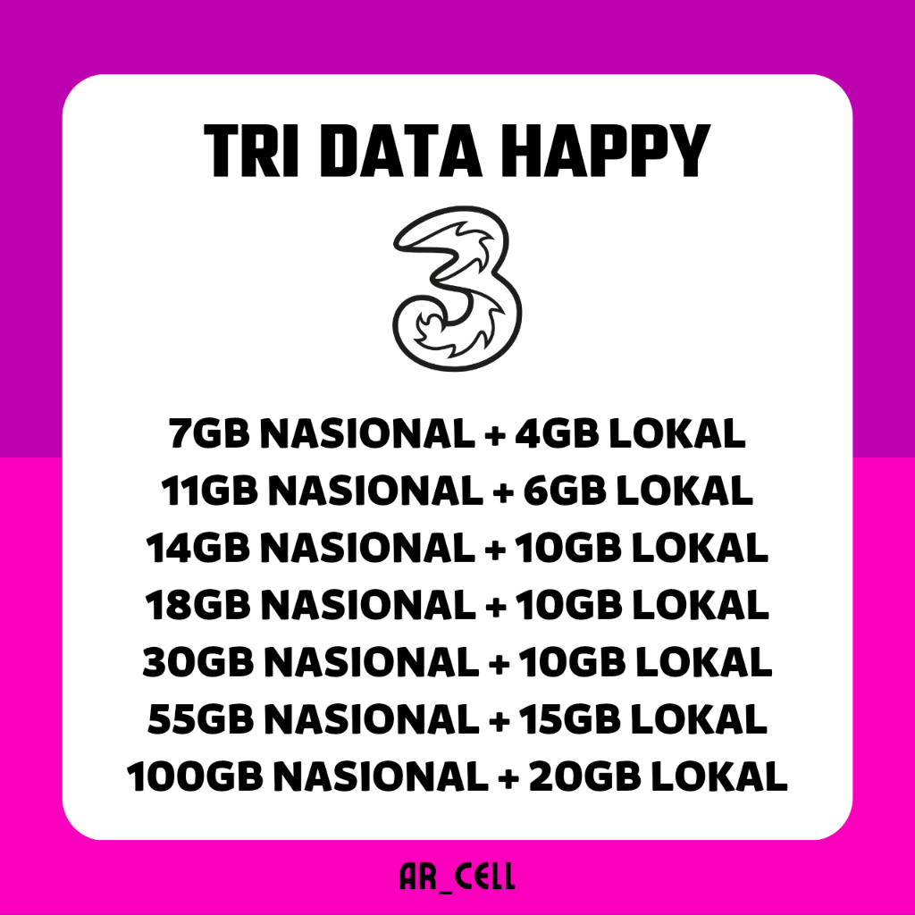 Voucher Tri Kuota Internet Three Happy PAKET DATA 3 11GB 14GB 18GB 24GB 28GB 30GB 42GB 55GB dan 100G