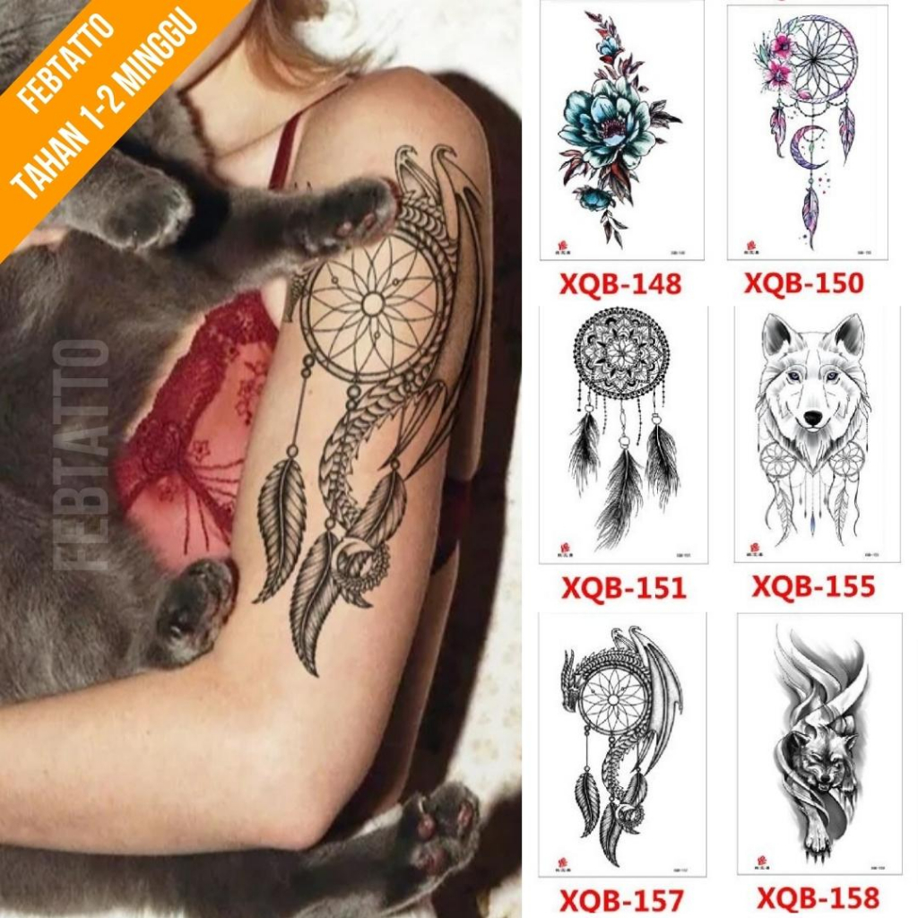 Tato Temporer Ukuran 21cmx11cm Tato Lengan Tato Dada Tato tangan Tato Kaki Tato Punggung Tato Jari  Motif Aesthetic Tatto Temporary Stiker Tato Halal Grosir Tato air motif bunga, dream catcher, serigala XQB 157