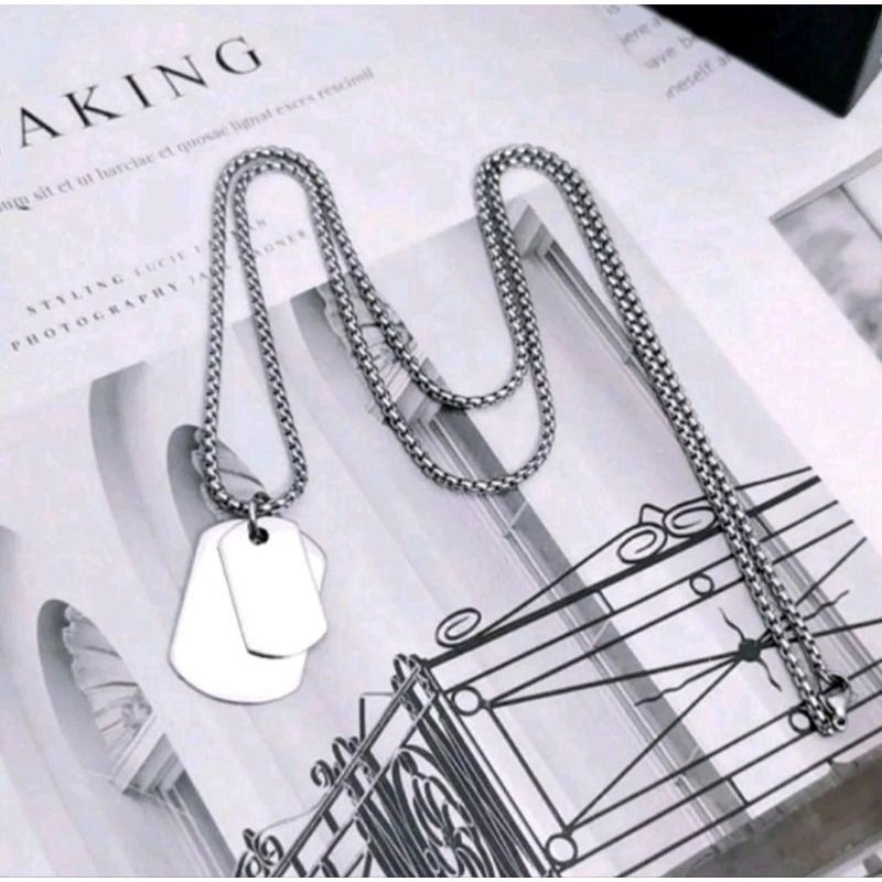 KALUNG TITATNIUM RANTAI PRIA LIONTIN PLAT ARMY DOUBLE ANTIKARAT ANTI LUNTUR