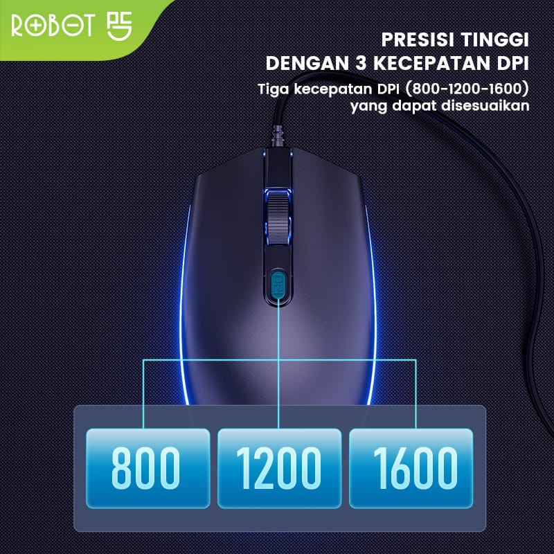 KHANZAACC ROBOT M130 Mouse Wired 1600DPI Colorful LED 3 Kecepatan DPI