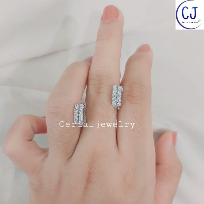 Anting Perak Asli Silver Wanita 925 Lapis Emas Putih Asli Model Permata 2 Baris Kilau - Perak Asli Murni Original Anti Karat