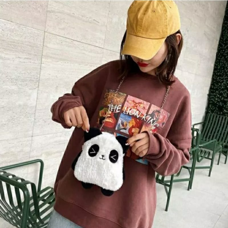 Tas Selempang Bahu Boneka PANDAPOO Tas Slempang Bulu Lucu Sling Bag Tali Rantai Korean Style