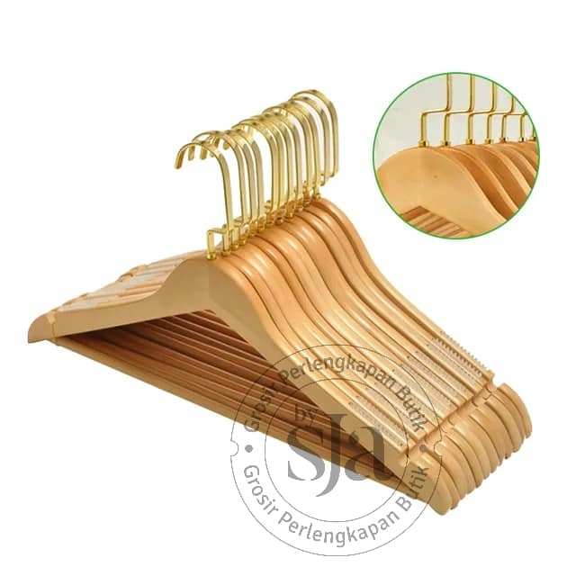 Hanger Kayu Kaitan Gold / Hanger Baju Setelan / Hanger Baju Dewasa / Hanger Dress / Hanger Palang