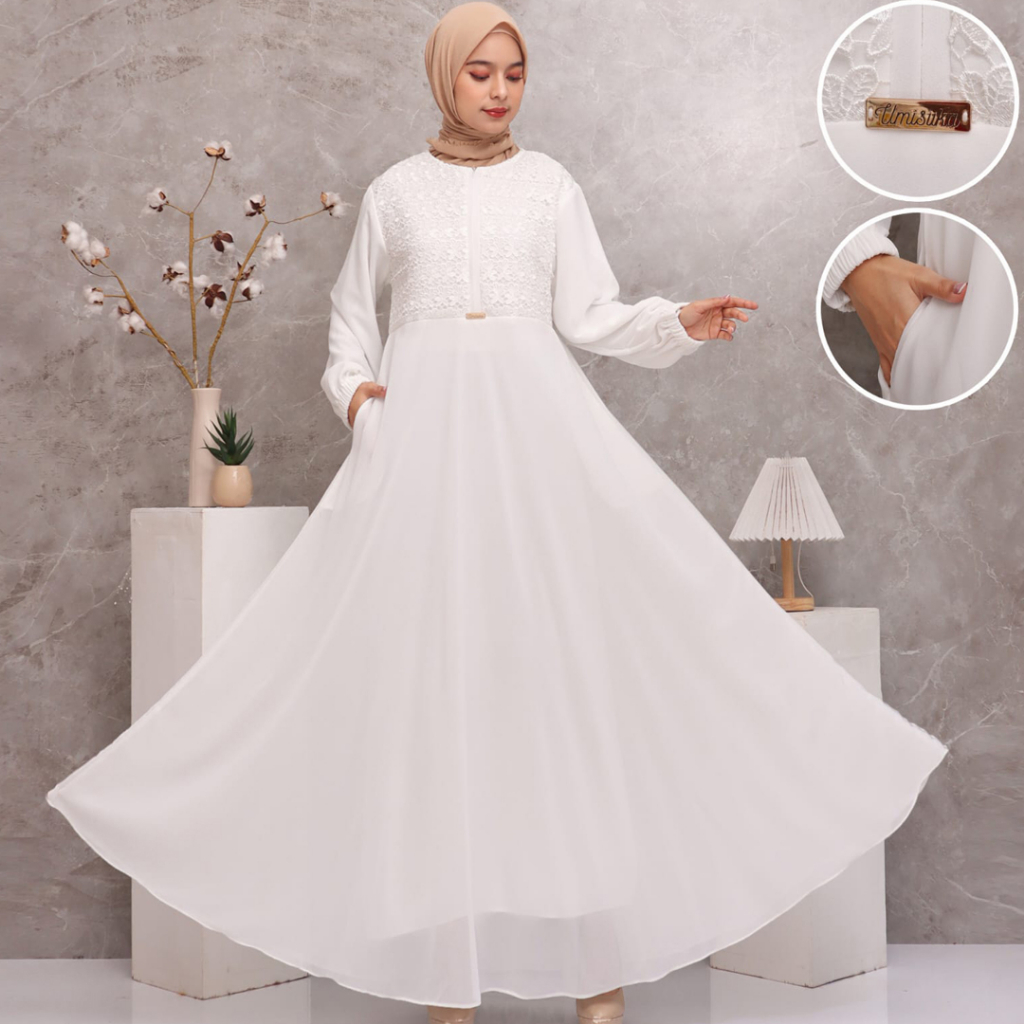 KKUM OFFICIAL Baju Gamis Putih Lebaran Haji Busana Umroh Hijab Dress Muslim Brukat AGNES Wanita Terbaru