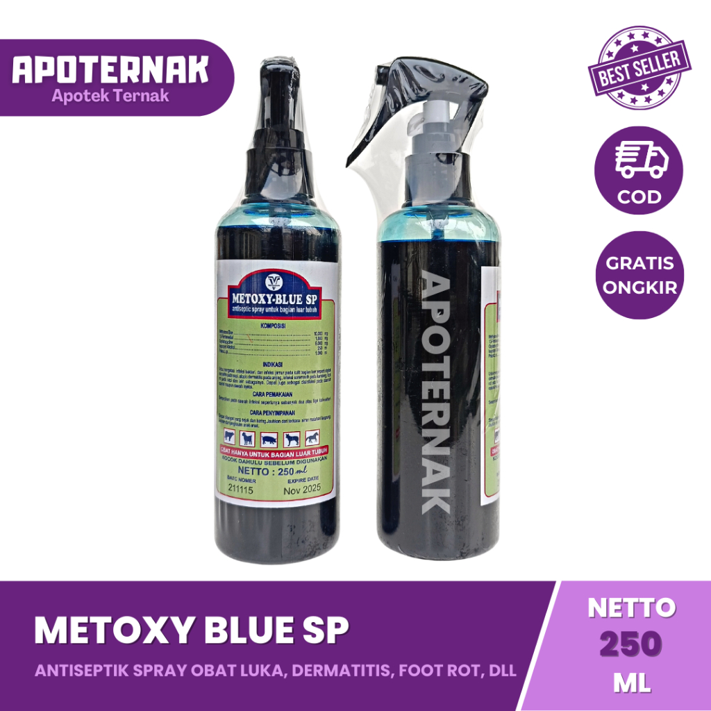 METOXY BLUE SP 250 ml | Antiseptik Spray Obat Luka Kulit LSD Dermatitis Foot Rot dll | Obat Luka Semprot Hewan | Obat Luka Kulit