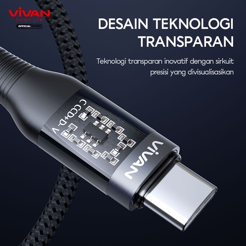 Vivan Kabel Data Usb Type C to Type C Transparant 60W PD Quick Charge Nylon Braided Data Cable Type C for s10 s20 s21 s22 ultra s23