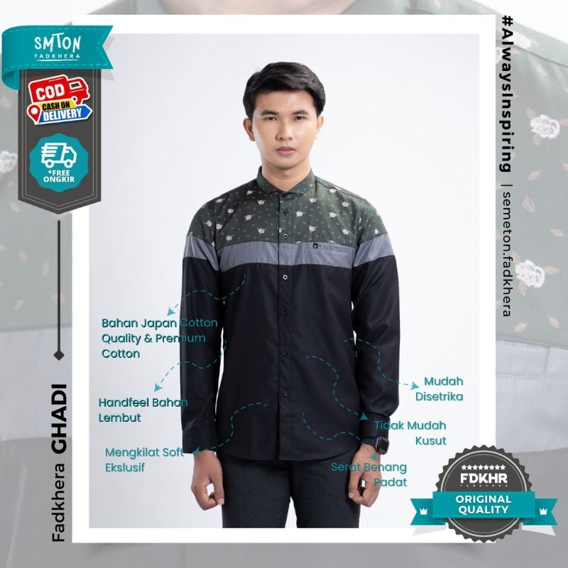 Koko Fadkhera GHADI baju kemeja pria lengan panjang hitam motif hijau terbaru