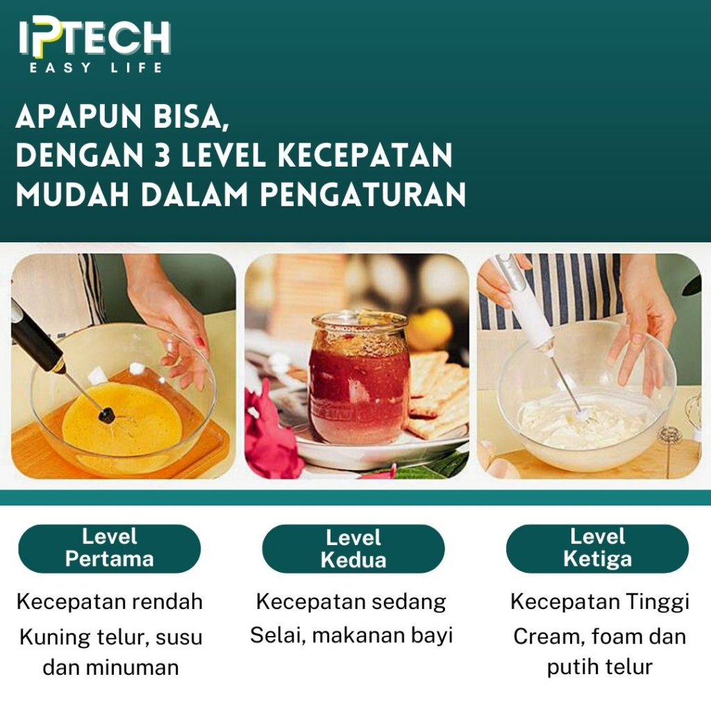 IPTECH HAND MIXER l PENGOCOK MINUMAN l WISK Portable Otomatis 3 Kecepatan dengan USB Charger