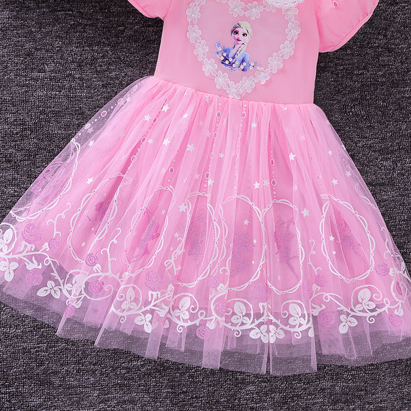 【Gratis Mahkota】Kids Girl Frozen Elsa Putri Gaun Musim Panas Tutu Tulle Bunga Kostum