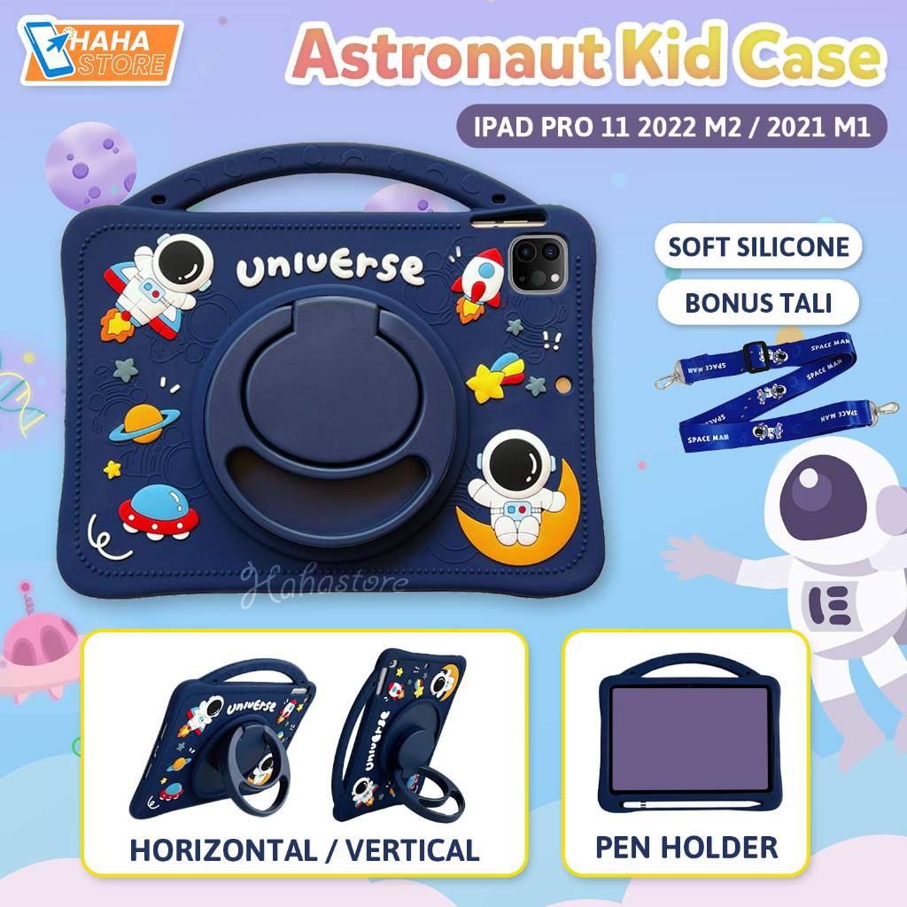 iPad Pro 11 2022 2021 M2 M1 Softcase Kartun Anak Case Astronot Slot Pencil Pen Casing Cover Stand Si