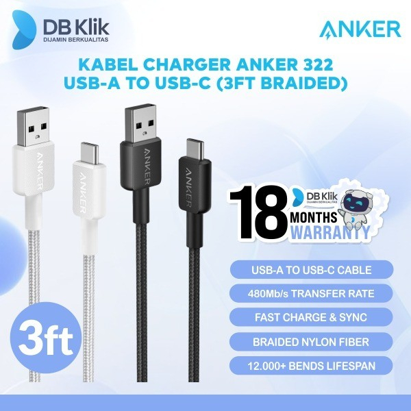 Kabel Charger Anker 322 Usb-A to Usb-C (3ft Braided) - Anker A81H5