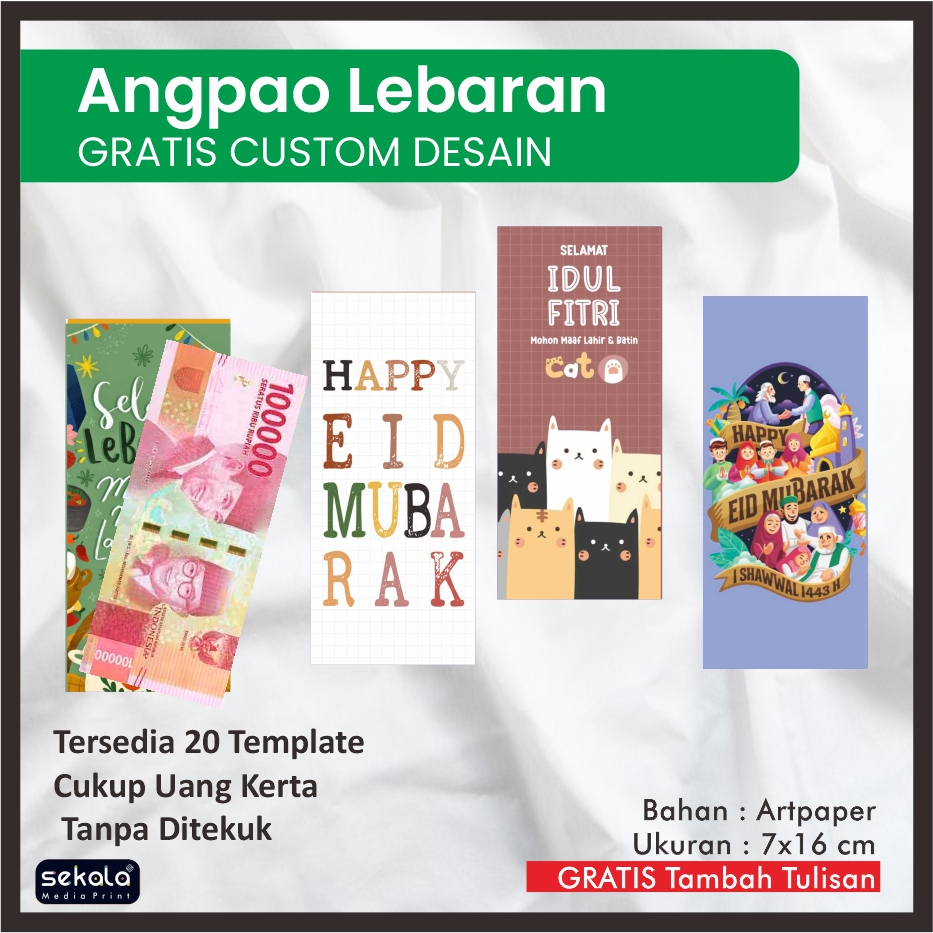 

(Isi 4 pcs) Amplop Lebaran Uang Kertas Panjang Tanpa Ditekuk 7x16 cm Custom Desain