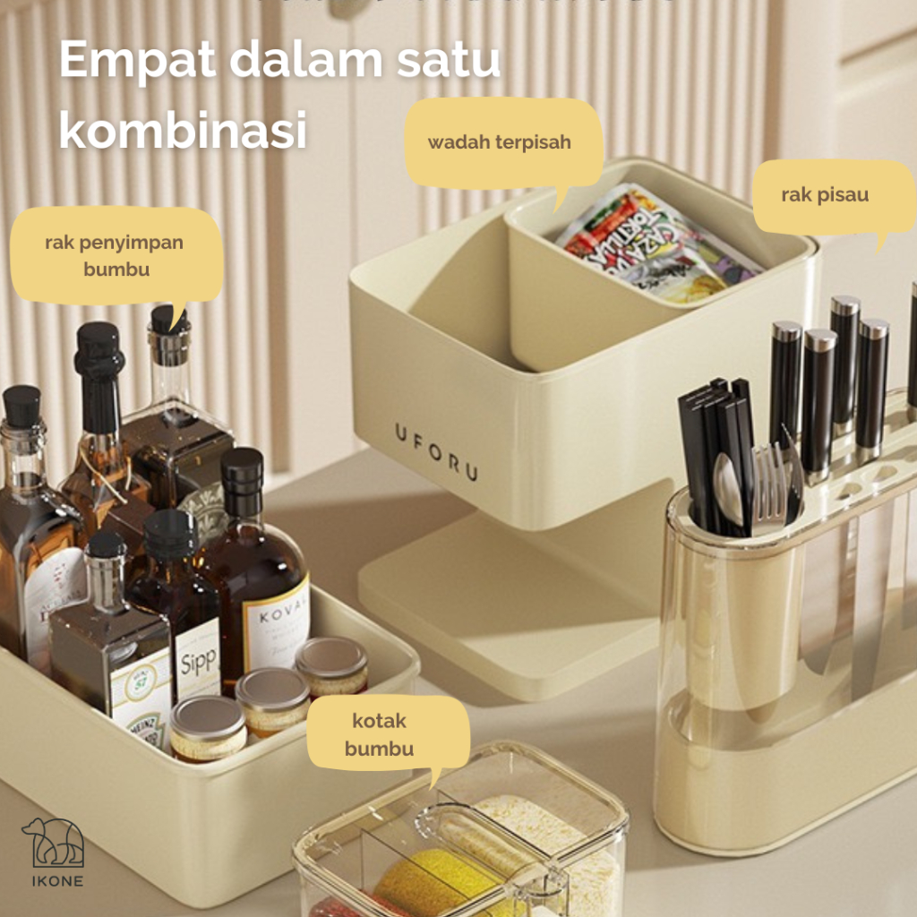 【IKONE】KITSU Tempat Bumbu Kombinasi Tempat Pisau Serbaguna Wadah Bumbu Dispenser Tempat Bumbu Multifungsi Rak Bumbu Penyimpanan