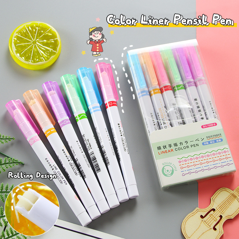 

Garis Aesthetic Warna Warni Spidol Garis Motif Lucu 1 Set 6 Pcs pulpen roller pen Higlighter Random Spidol Garis Line Marker