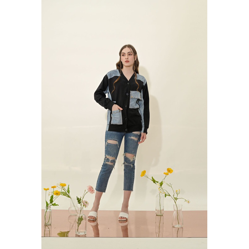 KARDIGAN JEANS WANITA KANTONG TANGAN PANJANG HITAM BABYTERRY