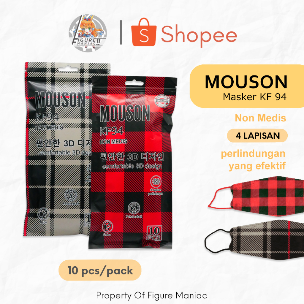 Figure Maniac - Masker MOUSON KF94 Kotak Kotak Checked White Black Red Motif Kemeja