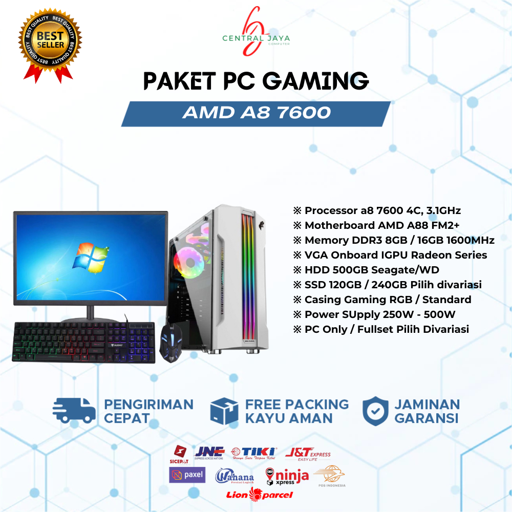 1 Set PC Gaming Fullset AMD A8 7600 | Ram 16GB | SSD - HDD | Monitor LED 19 - 24 inch / komputer gaming fullset amd a8 7600