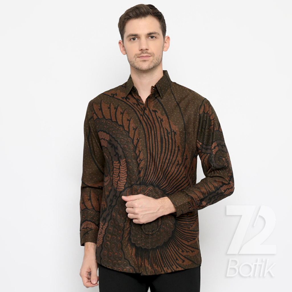 KEMEJA BATIK PRIA LENGAN PANJANG Kemeja Dobby Slimfit Motif Tentaken Warna Hijau Alam Coklat 722428 Cap 72 - Baju Kemeja Atasan Pakaian Setelan Batik Pria Cowok Laki Laki Remaja Keluarga Kantor Lengan Panjang Modern Slimfit Slim Fit Premium Kekinian