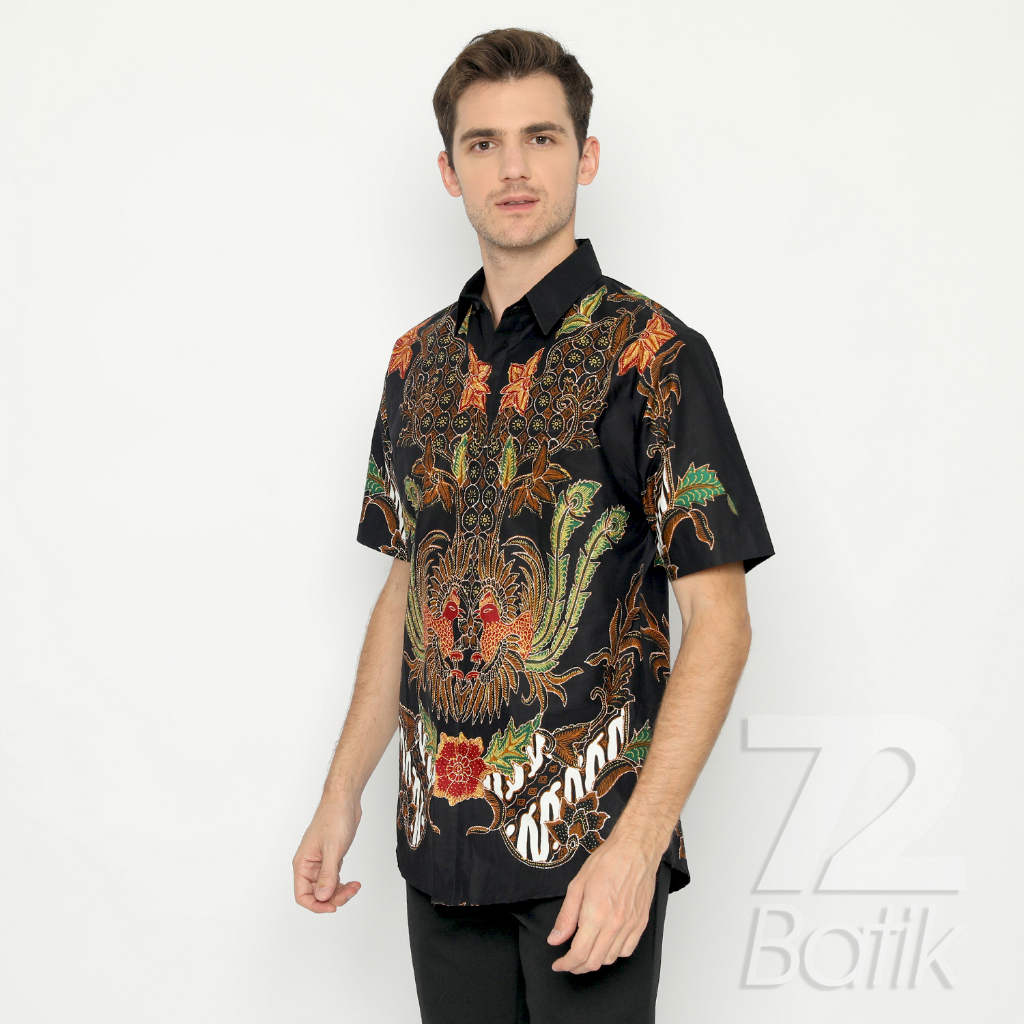 KEMEJA BATIK PRIA Casanova Kemeja Slimfit Lengan Pendek Premium Motif Elegant Warna Hitam Orange 722393 Cap 72 - Baju Kemeja Atasan Pakaian Setelan Batik Pria Cowok Laki Laki Remaja Keluarga Kantor Lengan Pendek Modern Slimfit Slim Fit Premium Kekinian