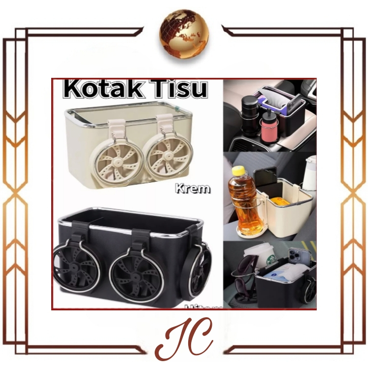 (JC) Tempat Tissue Mobil Serbaguna Kotak Penyimpanan Botol Minum Multifungsi Dengan 2 Cup Holder